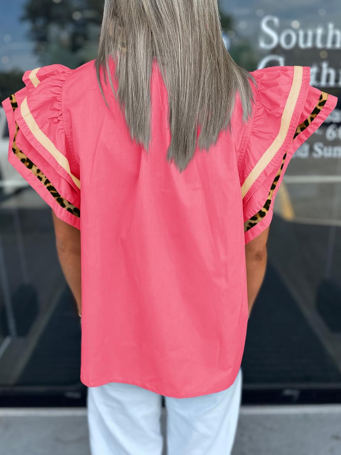 Cicy Bell Womens Ruffle Cap Sleeve Tops Color Block V Neck Dressy Casual Blouses Summer Pleated Loose Fit Shirts
