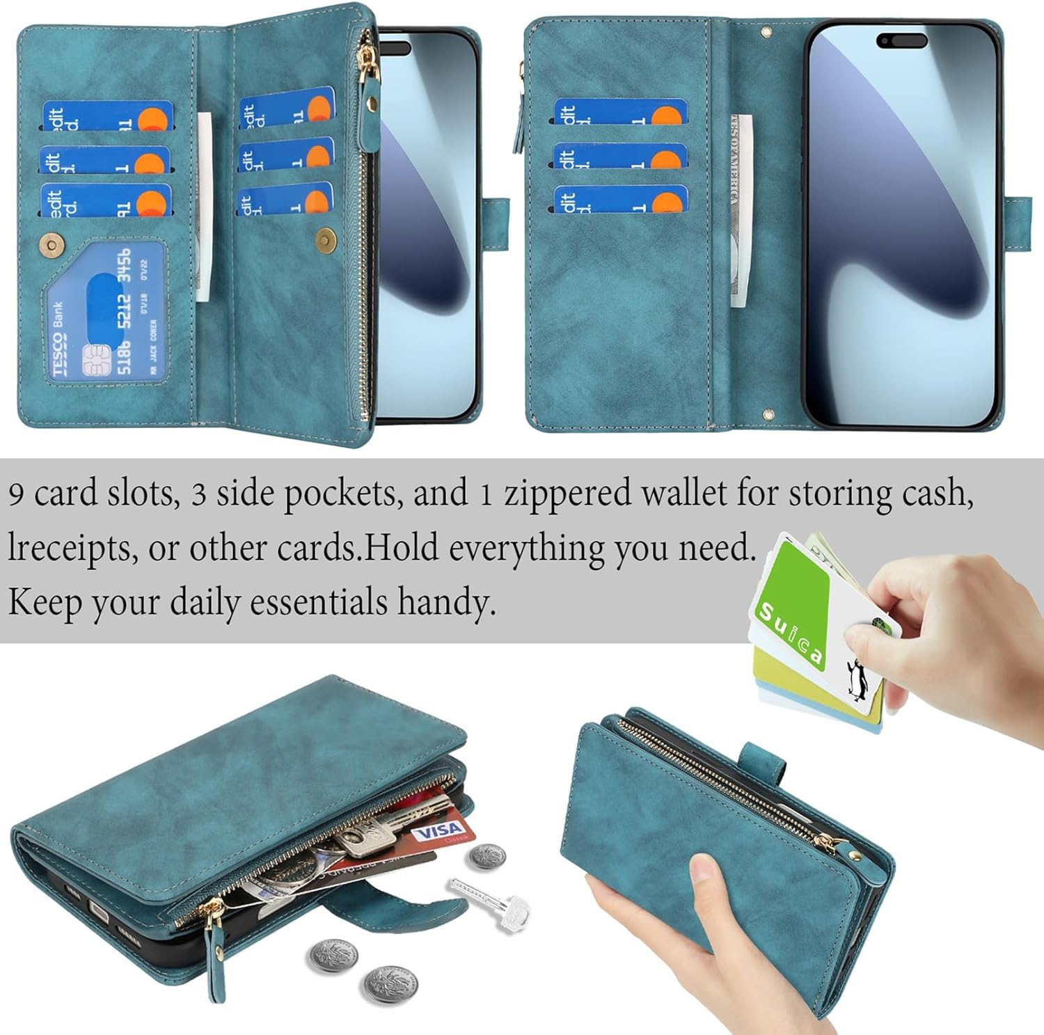 Jaorty Wallet Case Compatible with iPhone 17 Pro with Wrist Strap,2025 Release Purse for Women Men,[9 Card Slots] Card Holder Zipper Cash Pocket Magnetic Leather Cover,6.3 inch Blue - Image 3