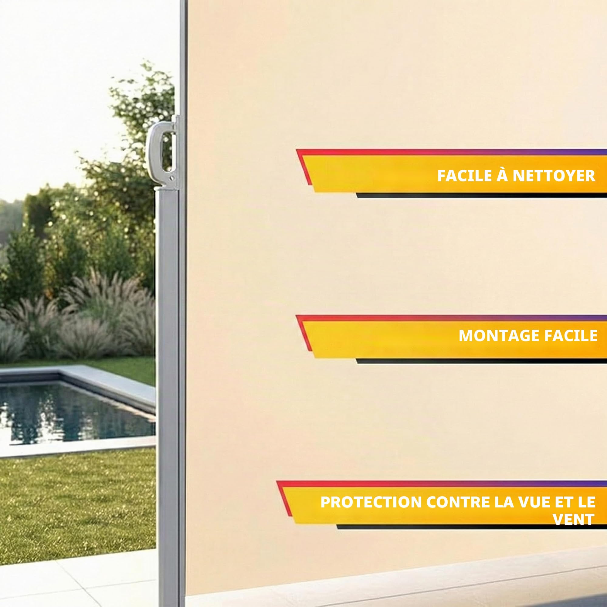 Floordirekt Store latéral en aluminium, 180 x 450 cm, beige, extensible, brise-vue et protection solaire, pour balcon et terrasse, polyester 280 g/m² (PU), protection UV UPF50+, avec support au sol