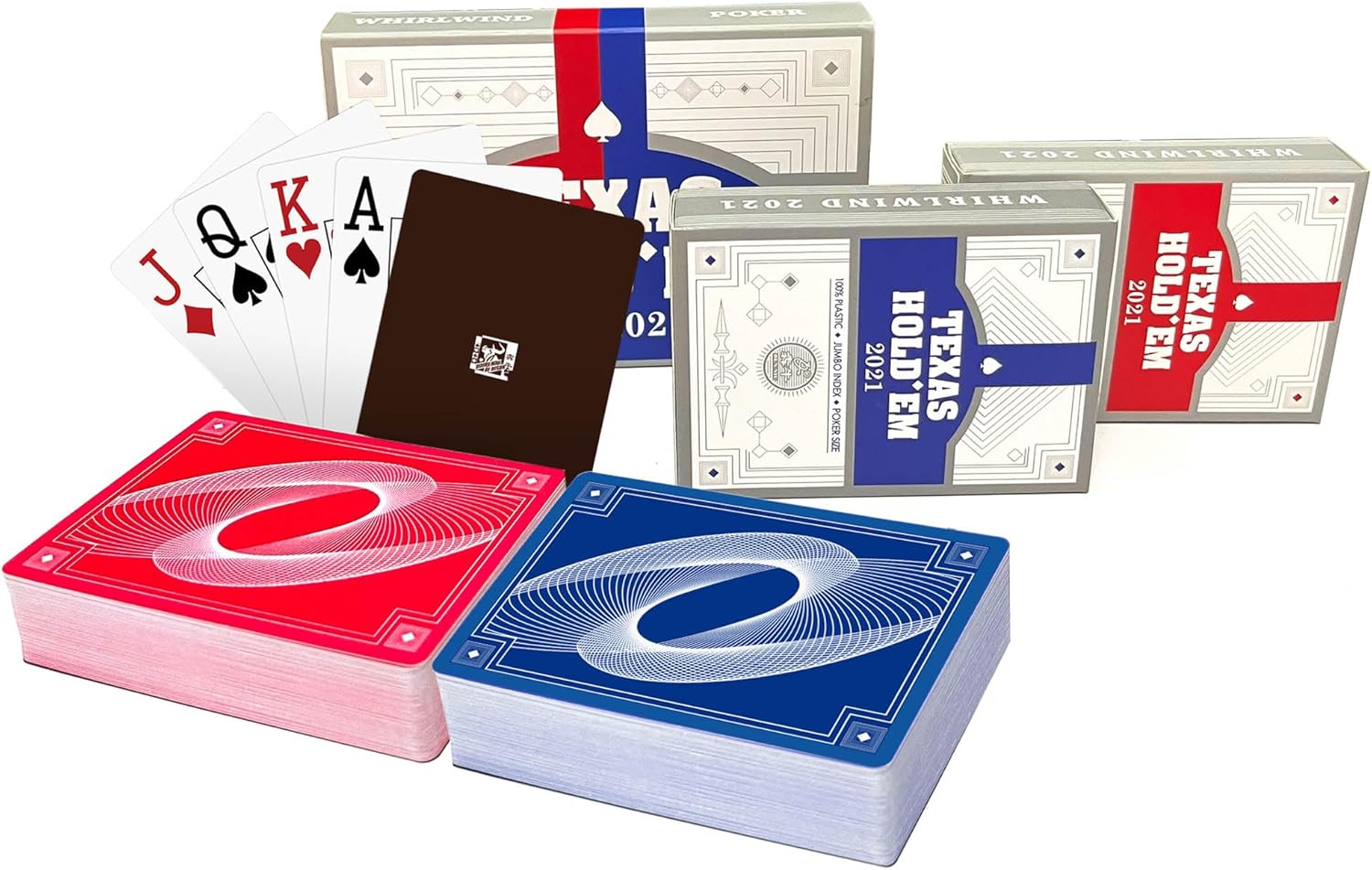 Ben Niu Plastic Playing Cards 2 Pack with Black Cut Card, Waterproof PVC Poker Cards for Texas Holdem, Jumbo Index Standard Size Deck with Swirl Back Design, Thickened Material - Red & Blue