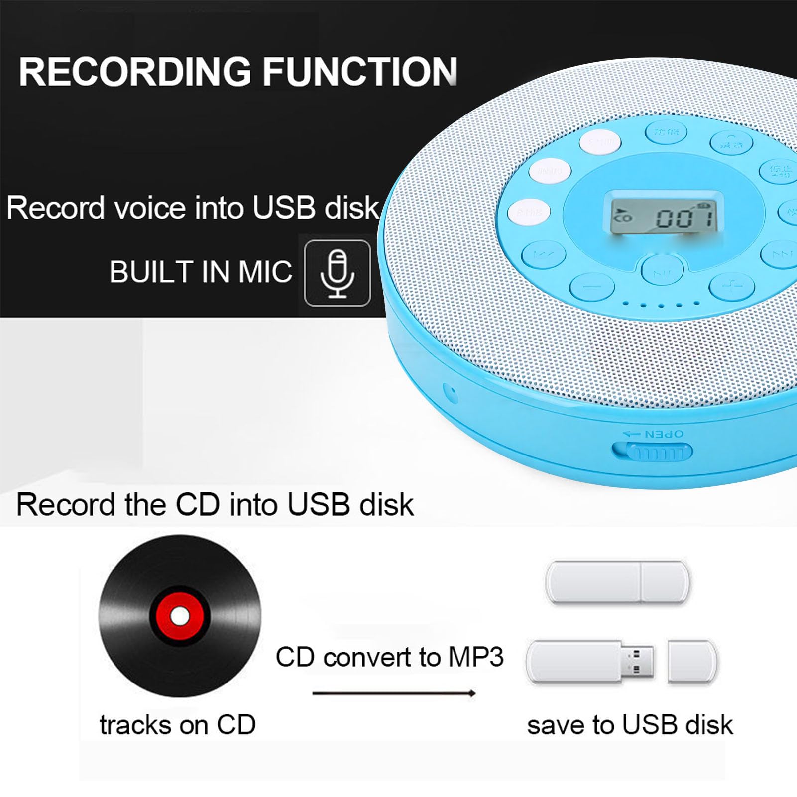SENECESLI Lecteur CD Portable avec Haut-Parleur, pour Voiture, Maison, Voyage, Enregistrement sur clé USB, Micro intégré, Lecteur de Musique CD Rechargeable 2000mAh (Blue)