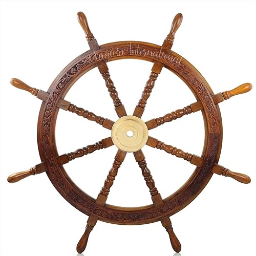Rueda de barco de madera de pirata náutico con diseño floral tallado a mano grabado en todo el perímetro Escultura colgante y decoración Ideas de