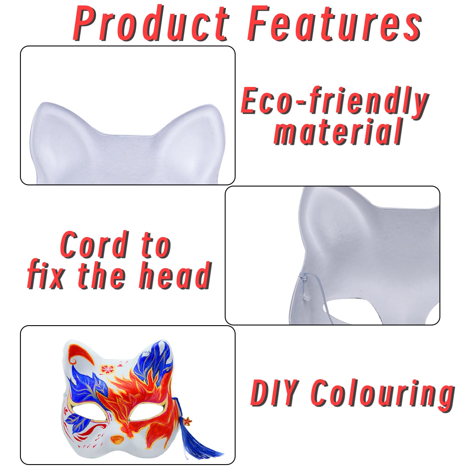 5 Pezzi Maschera Gatto, Therian Mask con Nappe, Campanelle, Pelliccia, Adesivi Cristallo, Maschere Carta Dipinte Mano, Maschera da Gatto Adatto per DIY Halloween Mardi Gras Festa Maschera (Bianco)