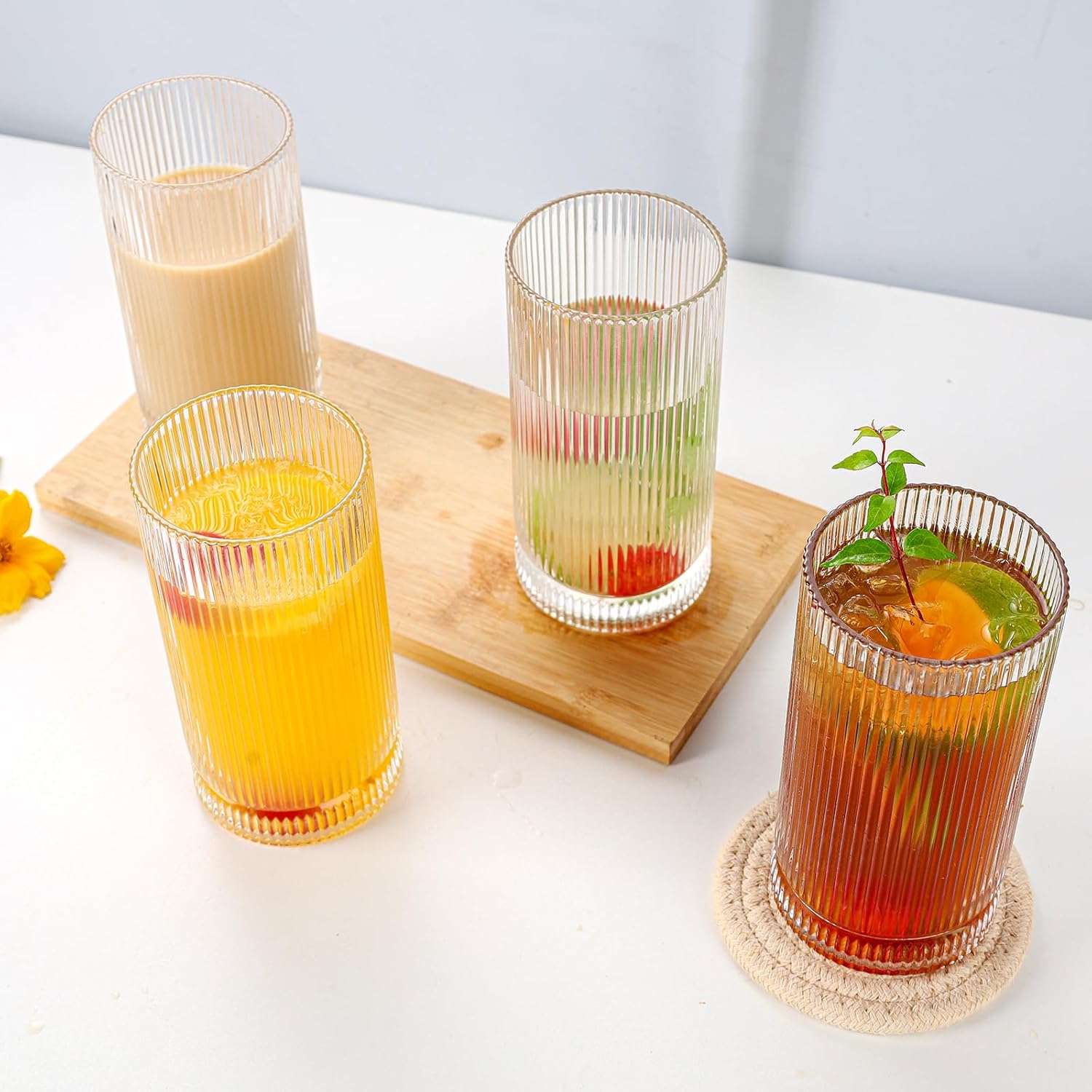 Vintage Ribbed Glassware Set, 16oz Drinking Glasses, Origami Style Set of 4, Fluted Design, Ideal for Water, Iced Coffee, Juice, Beer, Milk, Gift (16oz) - Image 7