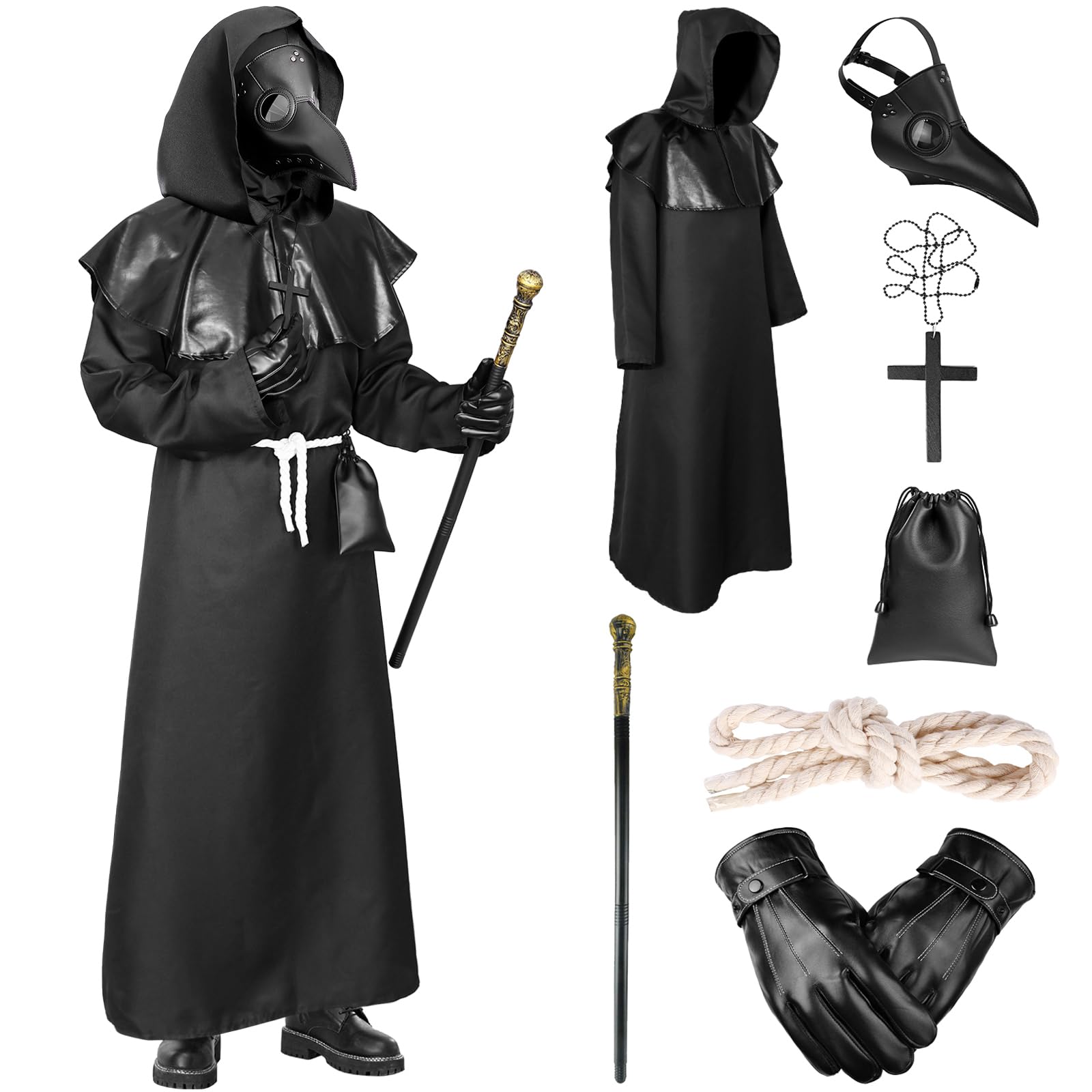 Alaiyaky Plague Doctor Costume Suit, Plague Doctor Outfit Steampunk Fancy Dress Plague Doctor Robe with Plague Doctor Mask Scepter Cross Necklace Belt Pouch, Halloween Costumes for Adults