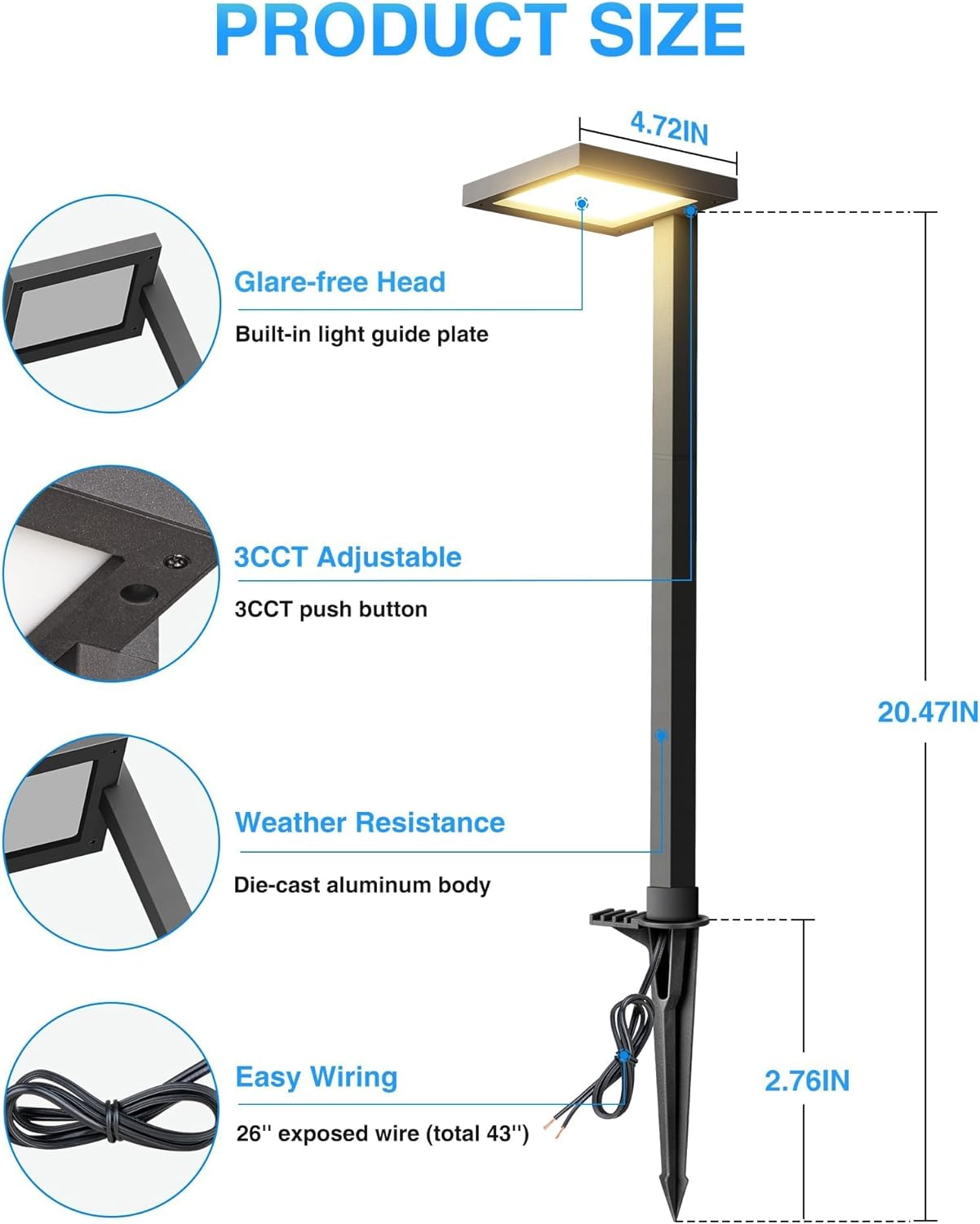 SUNVIE 3CCT Low Voltage Pathway Lights Wired Pathway Lights Outdoor 5W 3000K Anti Glare LED Low Voltage Landscape Lighting Waterproof Landscape Path Lights for Walkway Backyard Garden Patio, 4 Pack