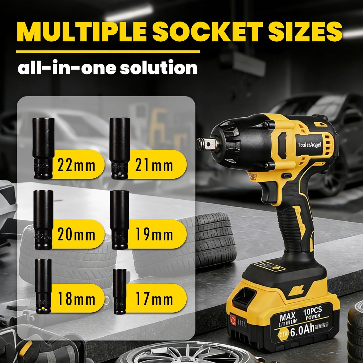 1/2 inch Impact Wrench Cordless, (1000 N.m) 737 Ft-lbs Hight Torque Wrench,20V Power Impact Driver, Brushless Motor 3300 RPM, 2x 6.0AH Li-ion Battery,Charger,6 Sockets