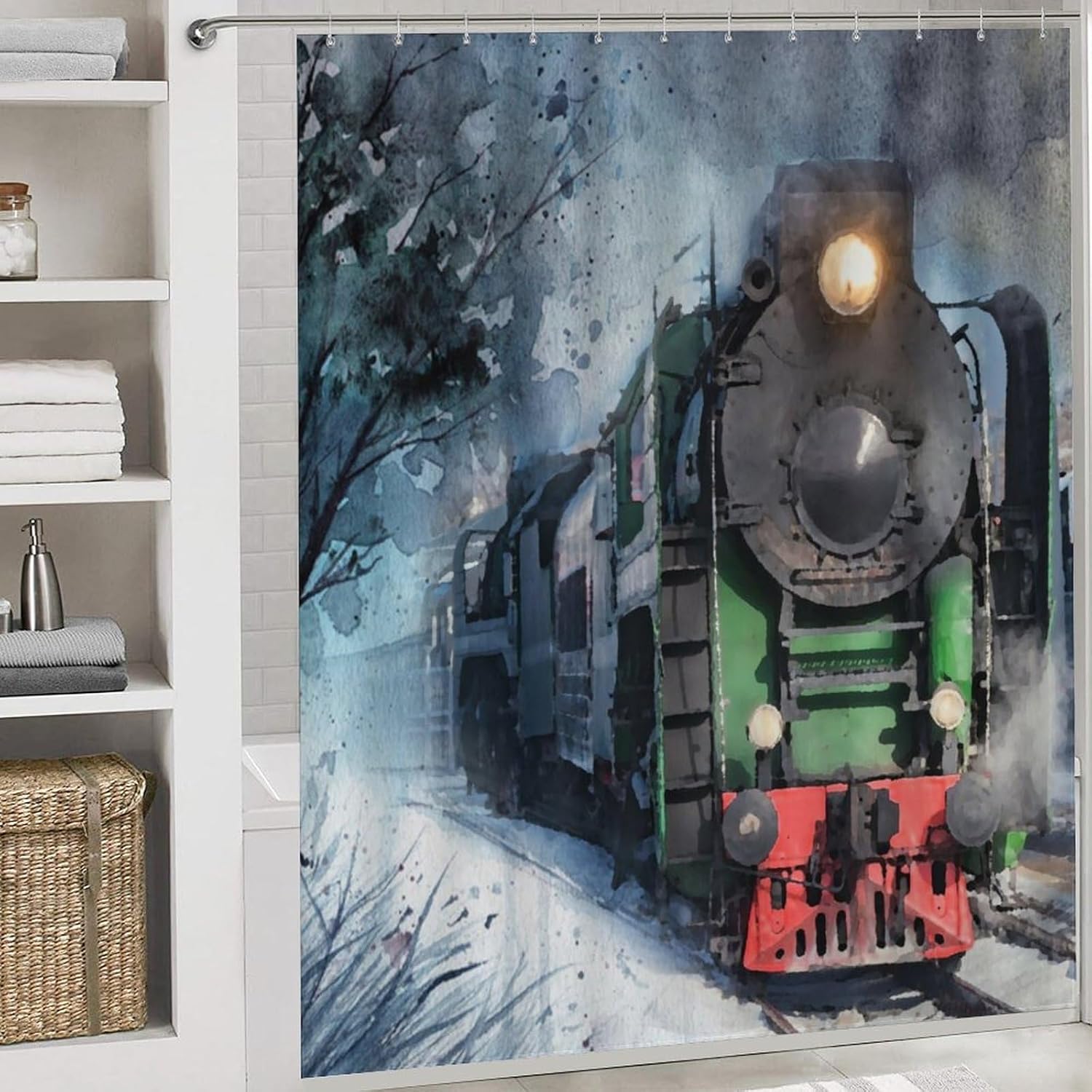 Brebasf Watercolor Old Steam Train 4 Pcs Waterproof Shower Curtain Set,Abstract Oil Painting Winter Forest Antique Steam Train with Waterproof Toilet Cover Shower Mat Rugs