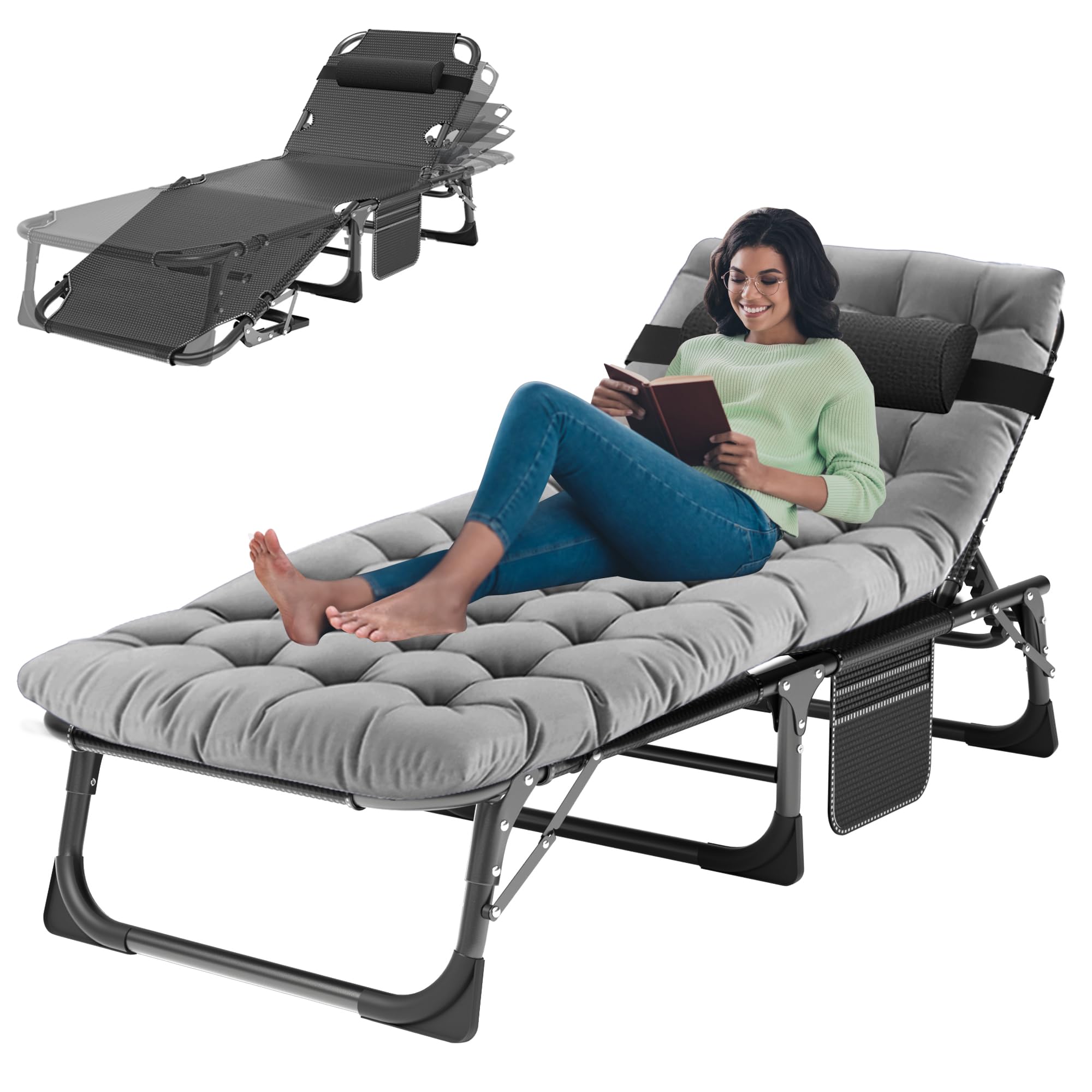 ABORON Patio Lounge Chair, Folding Guest Bed Cot for Adults, 500LB Heavy-Duty Capacity, Portable Extra Bed with Comfort Mat, Quick Fold Design for