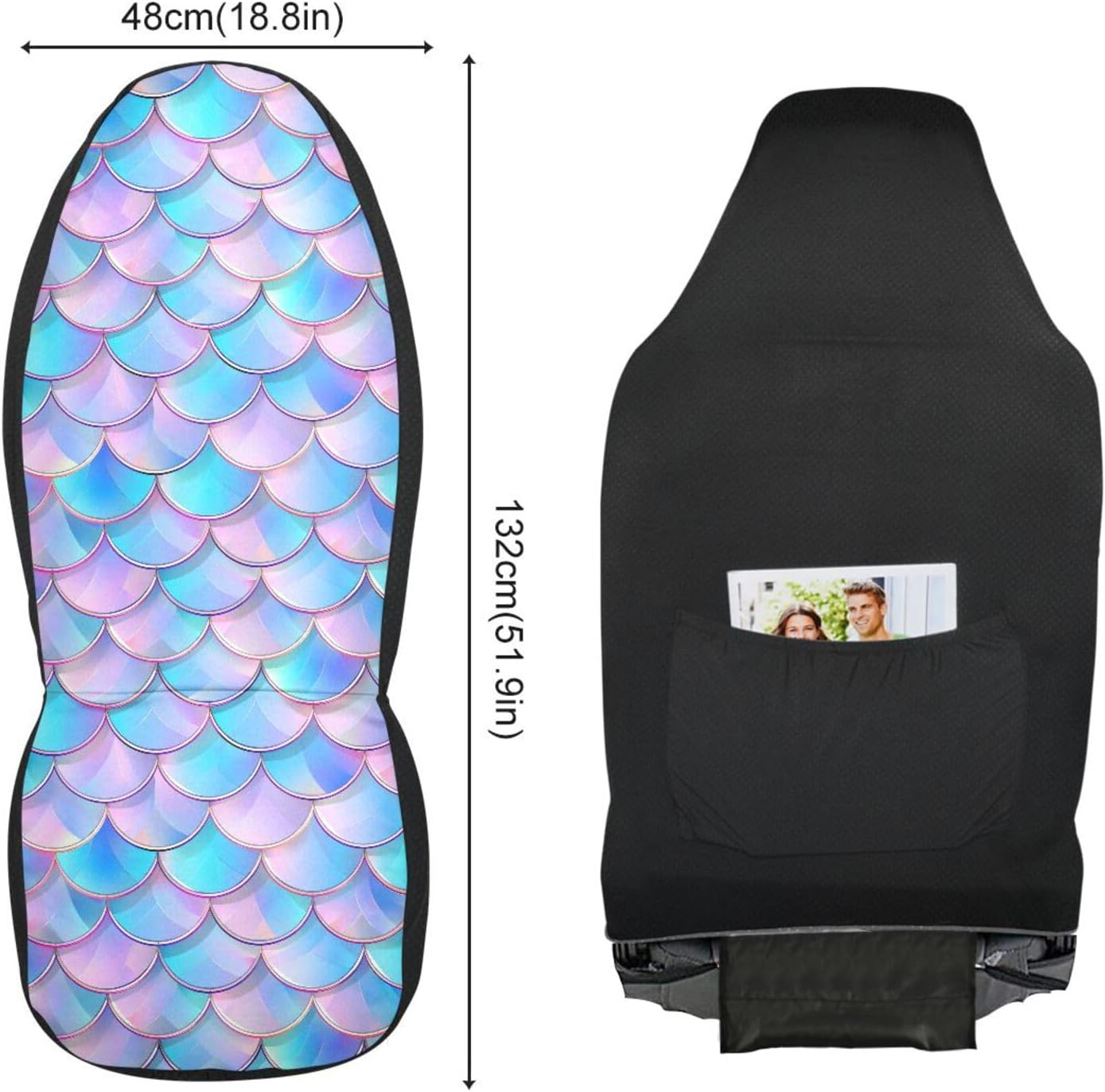 2PC Car Seat Covers Blue Pink Mermaid Scales Front Seats Covers Only Car Accessories Organizer Pocket for Auto, SUV, Truck