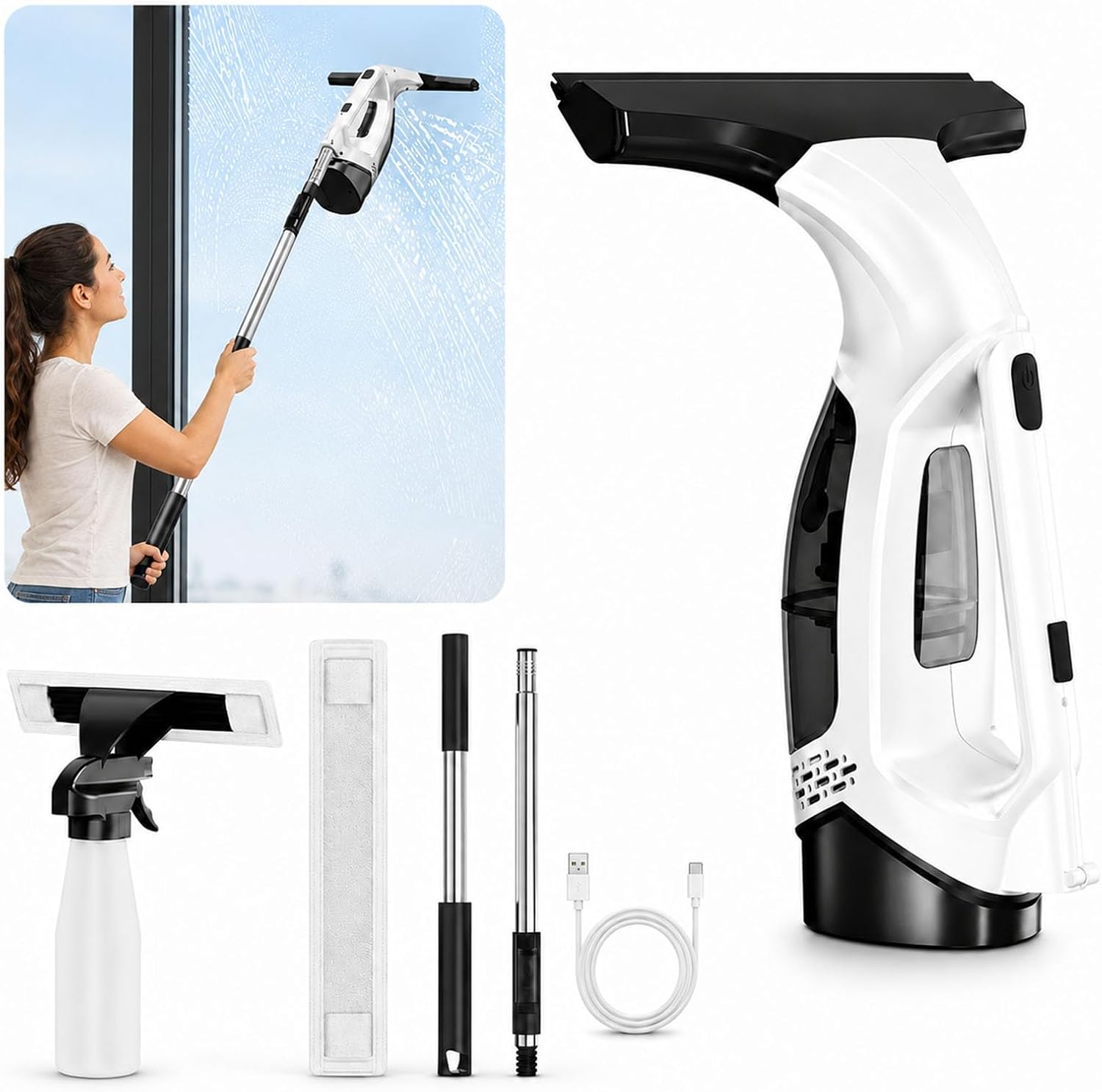 Window Vacuum Squeegee Cordless Electric 2000Pa(White with Rod)