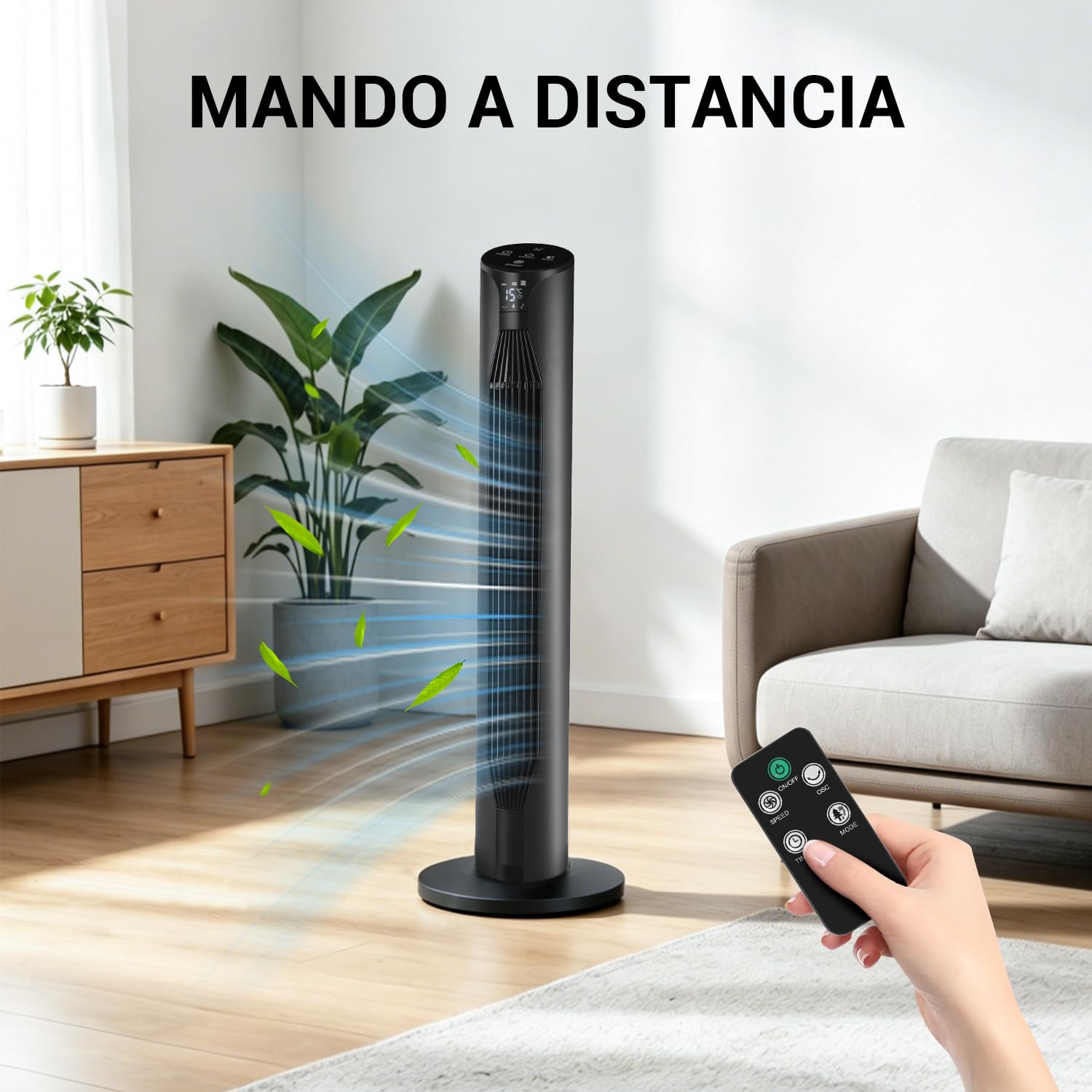 Ventilador de Pie Silencioso, Ventilador de Torre 55 W, 36'' (92cm) de Altura, Temporizador 12H Oscilación 3 Velocidades, 3 Modos, Oscilación 70°, Pantalla LED y Mando a Distancia Incluido, Negro