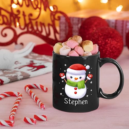 Miniatura 5 de Taza de cerámica personalizada de muñeco de nieve de Navidad, taza de café negra personalizada de muñeco de nieve de 11 onzas y 15 onzas, taza de