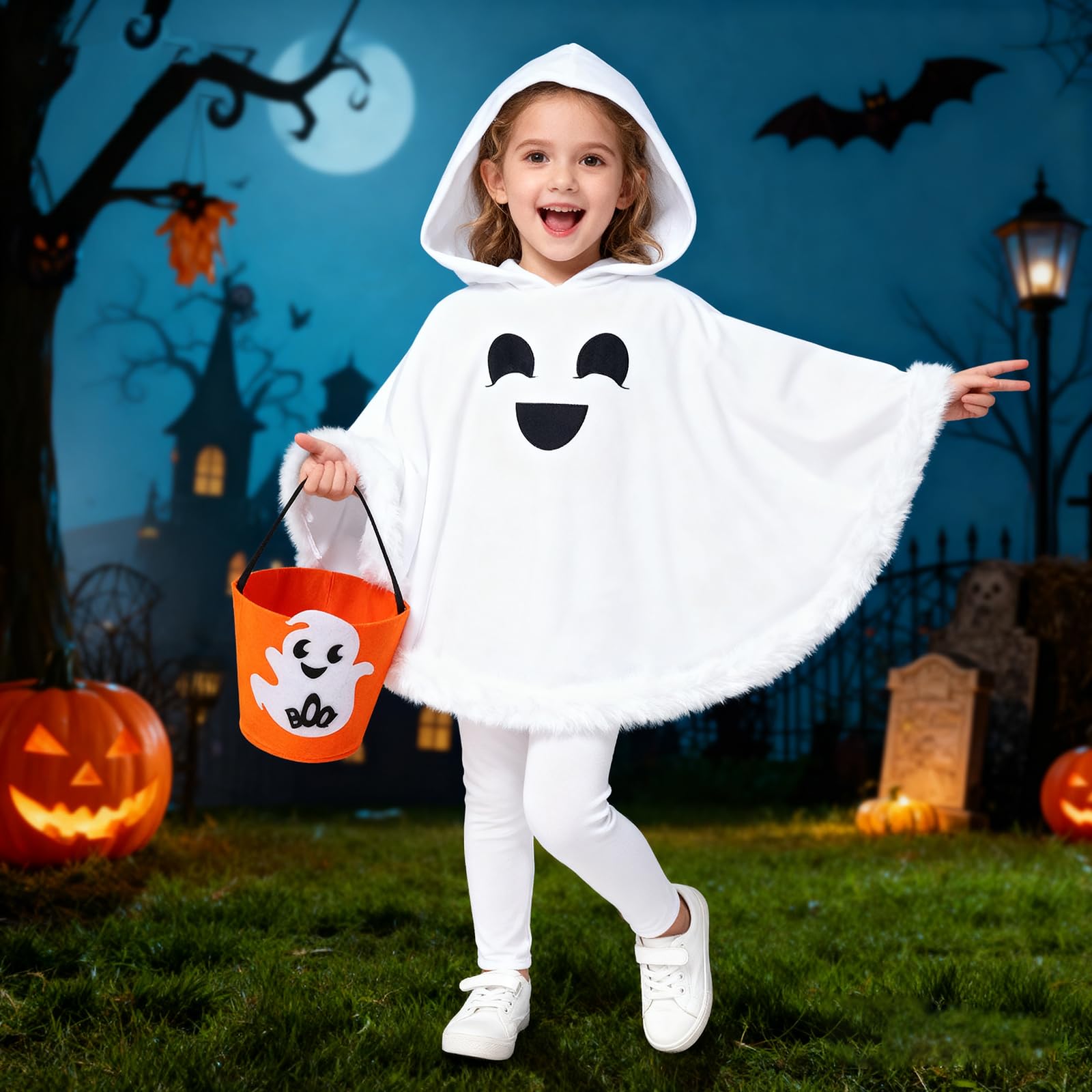 Toddler Baby Boys Girls Ghost Costume Kids Halloween Ghost Face Hooded Cloak Costume Party Boo Ghost Outfit for ages 1-2 Years,White Cloak+Pants+Pumpkin Basket Set - Image 4