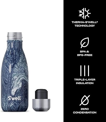 Miniatura 3 de S'well - Botella de agua de acero inoxidable, 9 onzas líquidas, suave al tacto, color mármol azurita, triple capa con aislamiento al vacío, bebidas