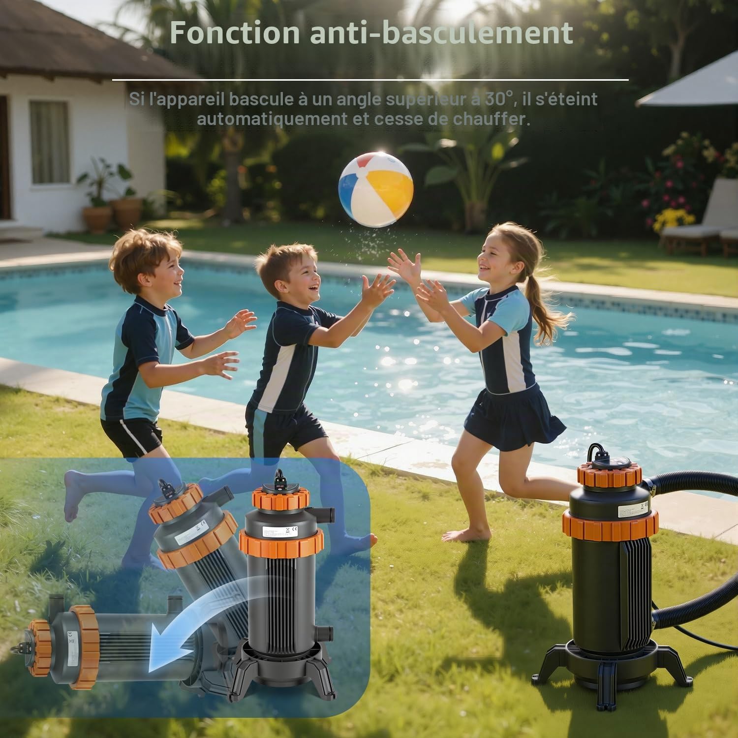 Daromigo Chauffage électrique de piscine 3 kW, Ø 17 x 42 cm, chauffage de piscine électrique, avec numérique, protection contre les fuites, anti-basculement, ignifuge, chauffage jusqu'à 45 °C