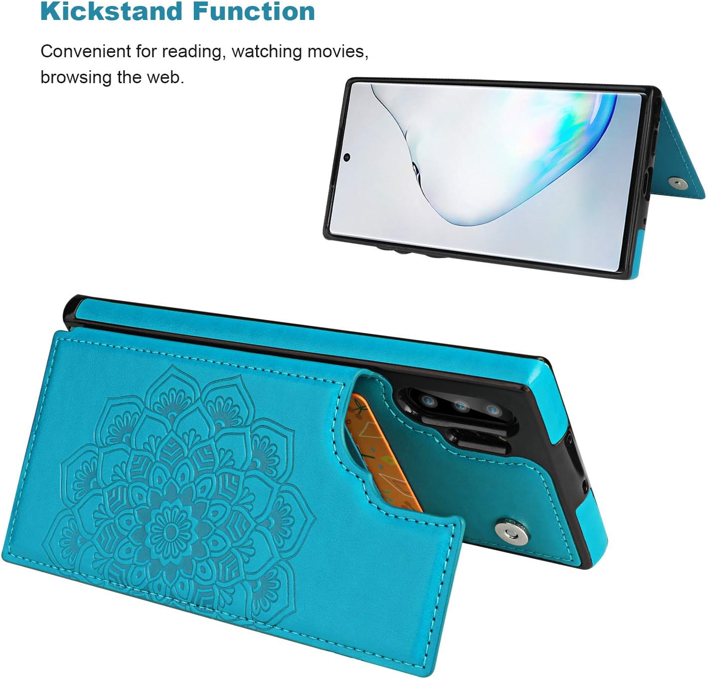 Vaburs Galaxy Note 10 Plus Case Wallet with Card Holder, Embossed Mandala Pattern Premium PU Leather Double Magnetic Buttons Flip Protective Case for Note 10+(6.8",Blue)