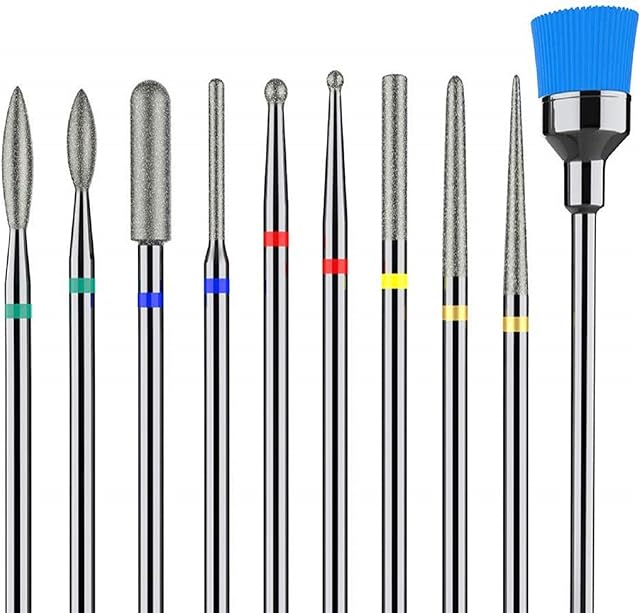 MELODYSUSIE Nail Drill Bits Set Safety Cuticle Tools Diamond Metal Professional 3/32 Inches, for Acrylic Nails and Electric Nail Files Drill Machine Manicure Pedicure Home Salon Use, 10pcs