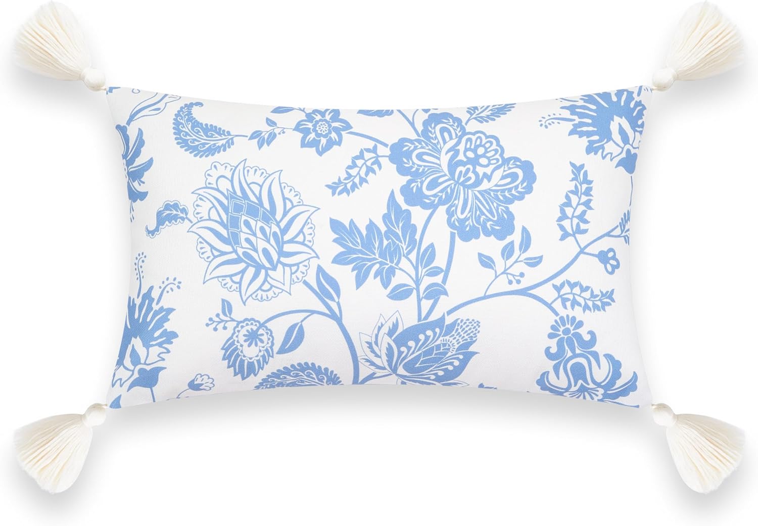 Hofdeco Premium Coastal Patio Indoor Outdoor Lumbar Pillow Cover Only, 12"x20" Water Repellent for Backyard, Couch, Cornflower Blue Floral Tassel