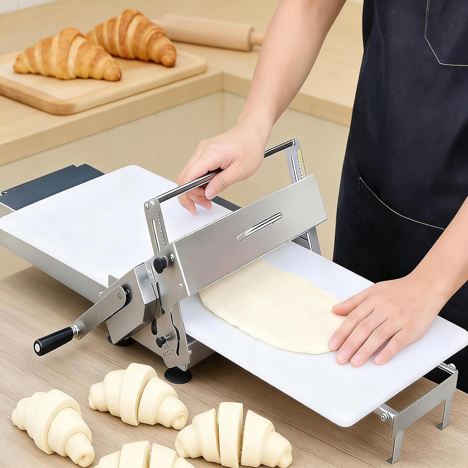 Macchina per sfogliare l'impasto, rullo di spessore regolabile manuale per cornetti, pizza e pasticceria, design da tavolo in acciaio inossidabile per cottura domestica e commerciale