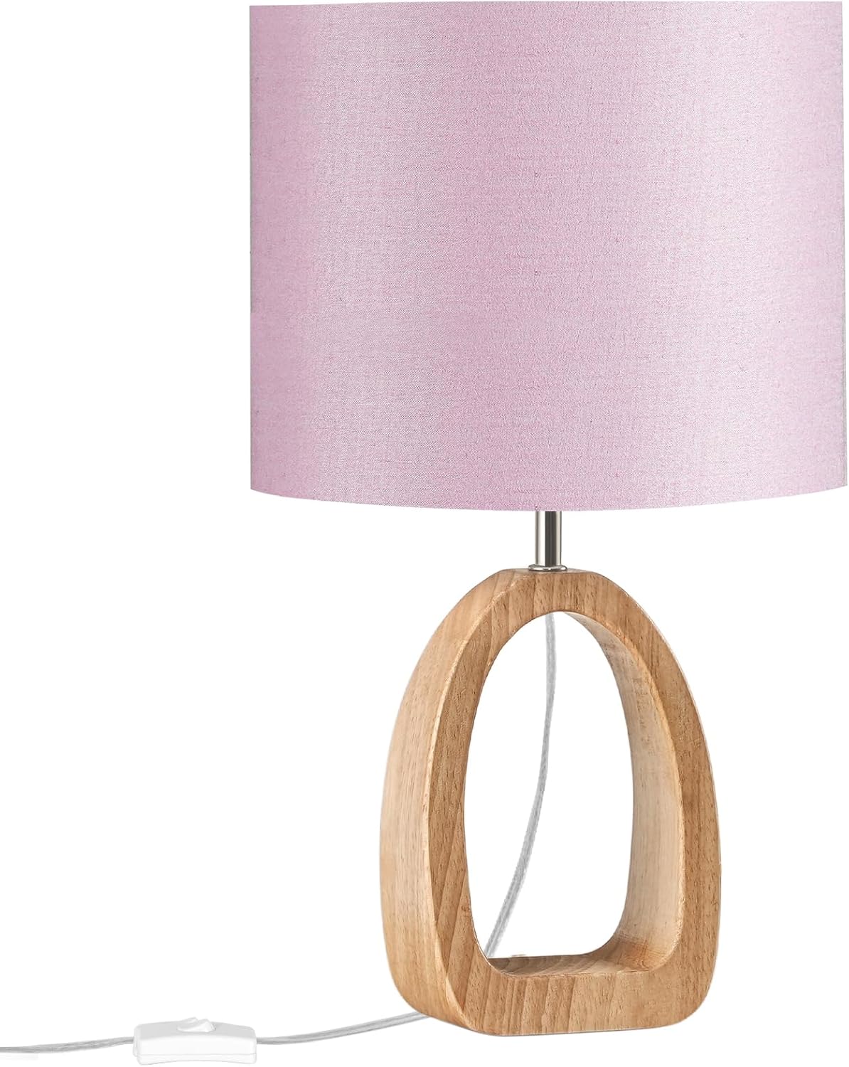 Close-up view of the small table lamp with a pink linen shade and a natural wood geometric base.
