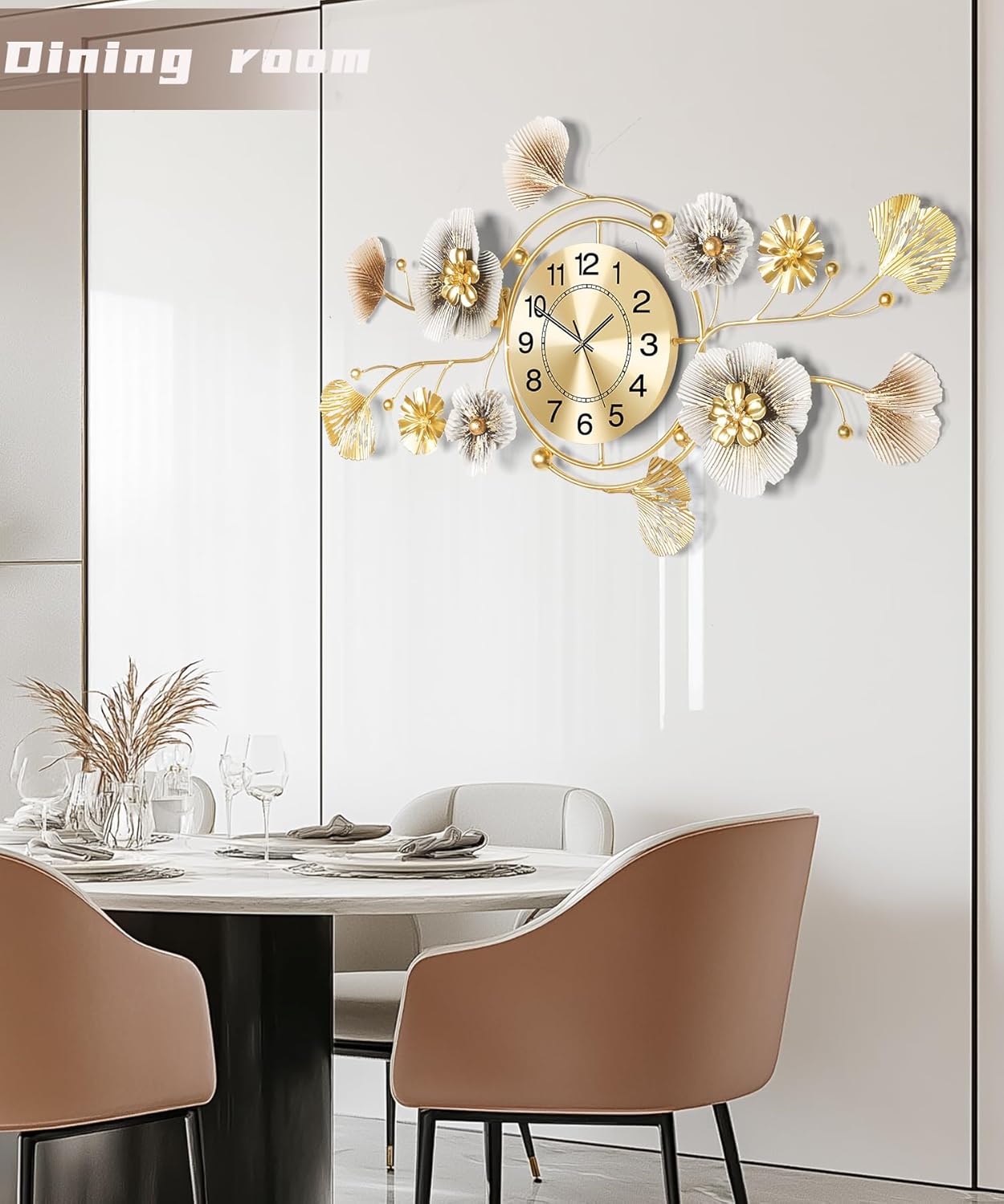 Wall Clock, Clocks for Living Room, Silent Wall Clock Decorative, 3D Retro Metal Ginkgo Leaf Design, for Office Bedroom Kitchen Clock(33''x18'')