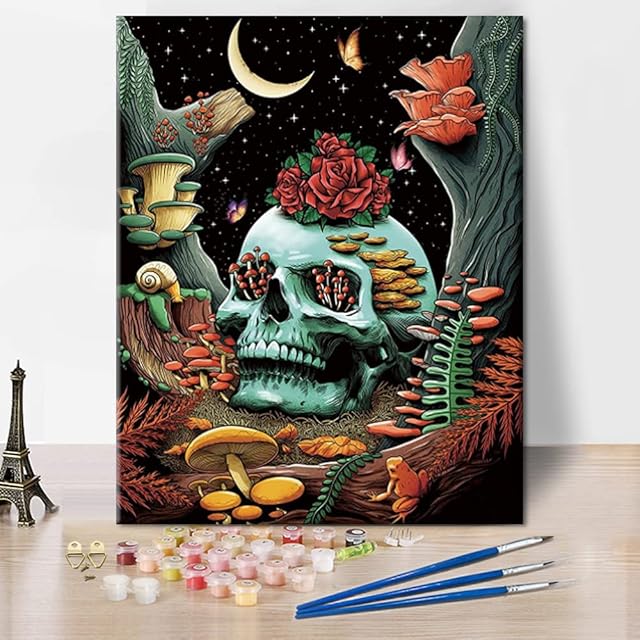 TISHIRON Paint by Numbers for Adults Skull Mushroom Paint by Numbers Rose Moon Digital Painting, Butterfly Plant Paint by Numbers for Children, Canvas Numbers for Home Decor 16x20 Inch, Frameless