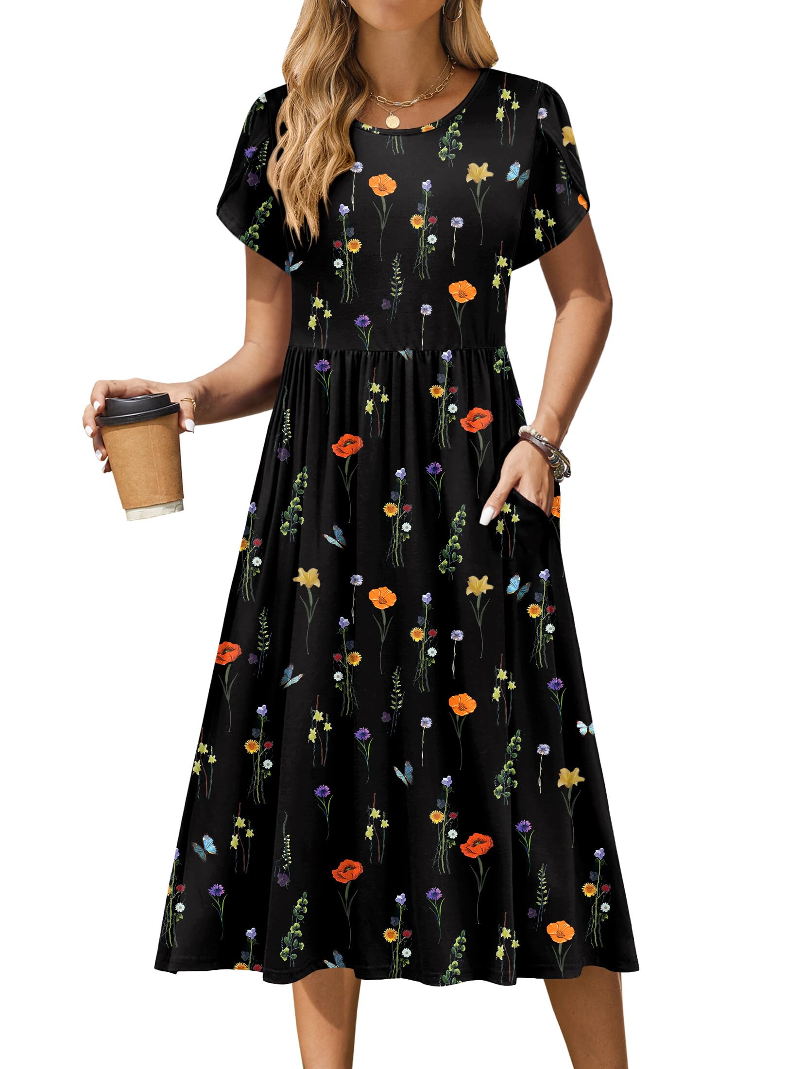 Zeagoo Womens Summer Dresses Casual Aline Midi Dress Short Sleeve Floral Tshirt Dress Flowy Beach Sundresses with Pockets