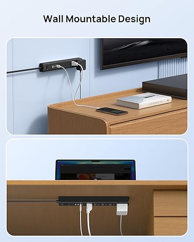 Miniatura 6 de TROND - Tira de alimentación con protector de sobretensiones, enchufe plano giratorio 360, 5 tomas ampliamente espaciadas con 2 USB C y 2 USB A,