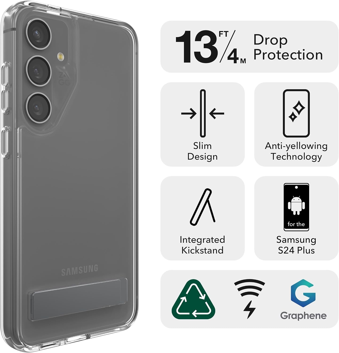 ZAGG Crystal Palace Samsung Galaxy S24+ Case with Kickstand - Ultra-Slim, Graphene-Enhanced, Crystal Clear Protection, 13ft Drop Resistant, Eco-Friendly, Clear