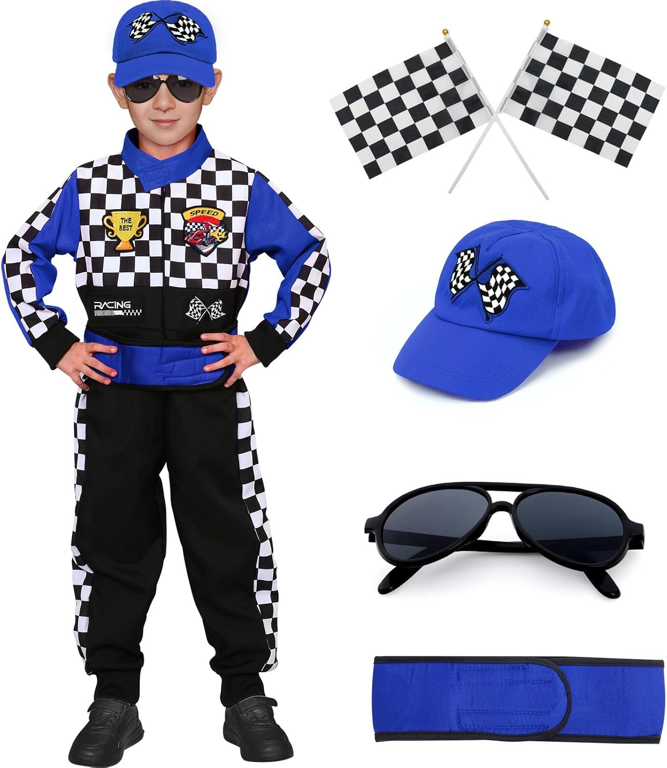 Latocos Kids Race Car Driver Costume Boys Girls Racer Jumpsuit With Car Cap Sunglasses Kids Dress Up Role Play for Halloween