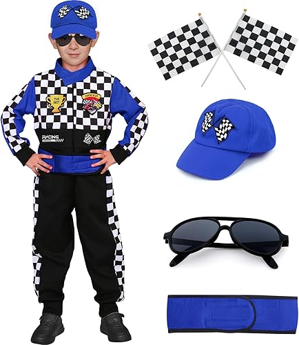 Miniatura 7 de Latocos Disfraz de piloto de carreras para niños y niñas, overol de corredor con gorra de automóvil, lentes de sol, disfraz para niños, juego de rol