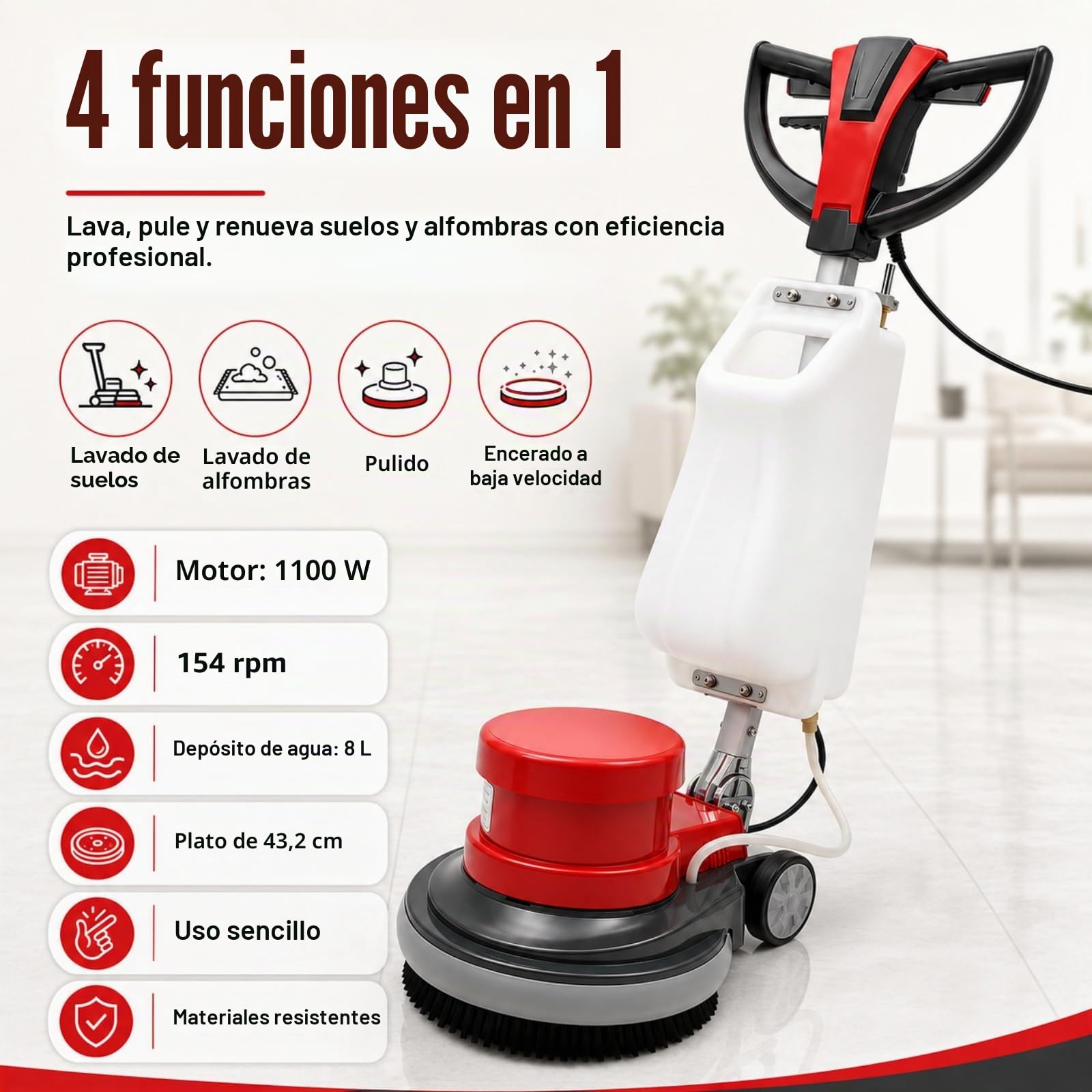 Máquina de limpieza eléctrica de disco único de 1100 W, cepillo multifunción, limpiador de suelos con 4 funciones principales, pulidora de suelos con depósito de agua grande