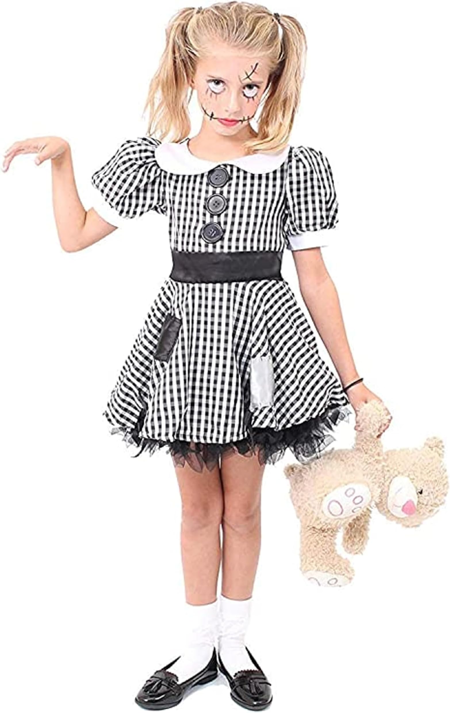 Girls Creepy Doll Costume - Black and White Checkered Dress with Frayed Hem and Patches - Scary Halloween Broken Ragdoll China Doll Costume