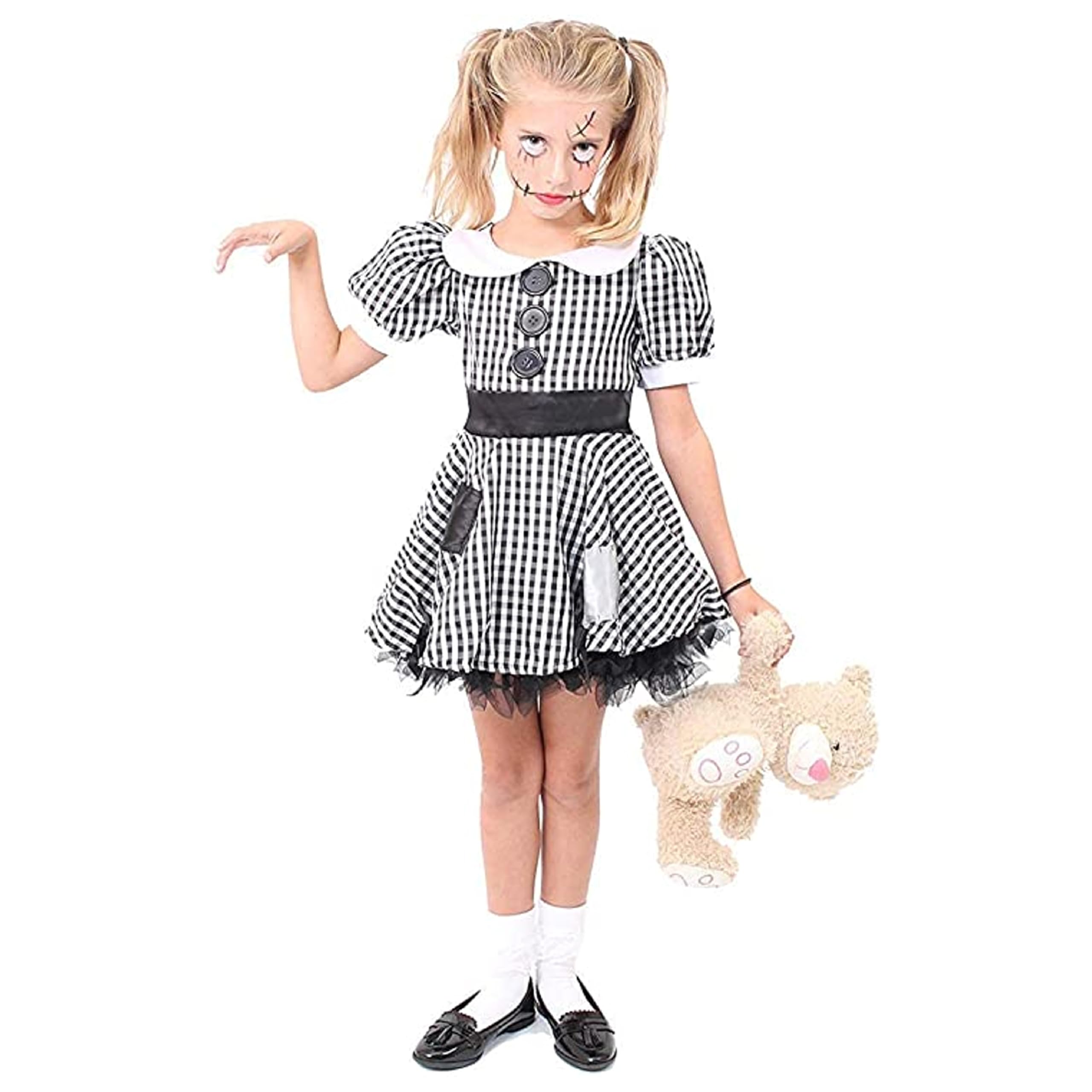 Girls Creepy Doll Costume - Black and White Checkered Dress with Frayed Hem and Patches - Scary Halloween Broken Ragdoll China Doll Costume