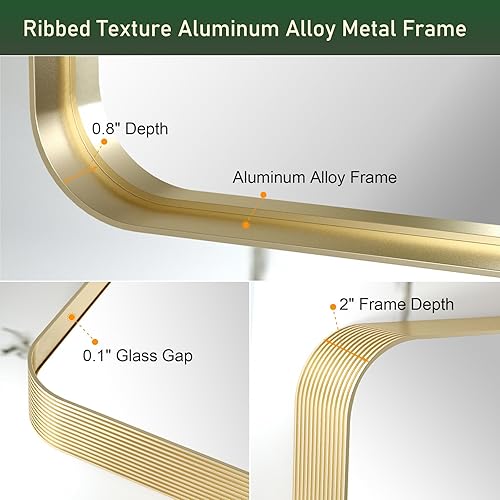 Miniatura 5 de Espejo de pared de 60 x 30 pulgadas para baño, espejo de tocador de baño grande dorado con textura acanalada, marco de metal, esquinas redondeadas