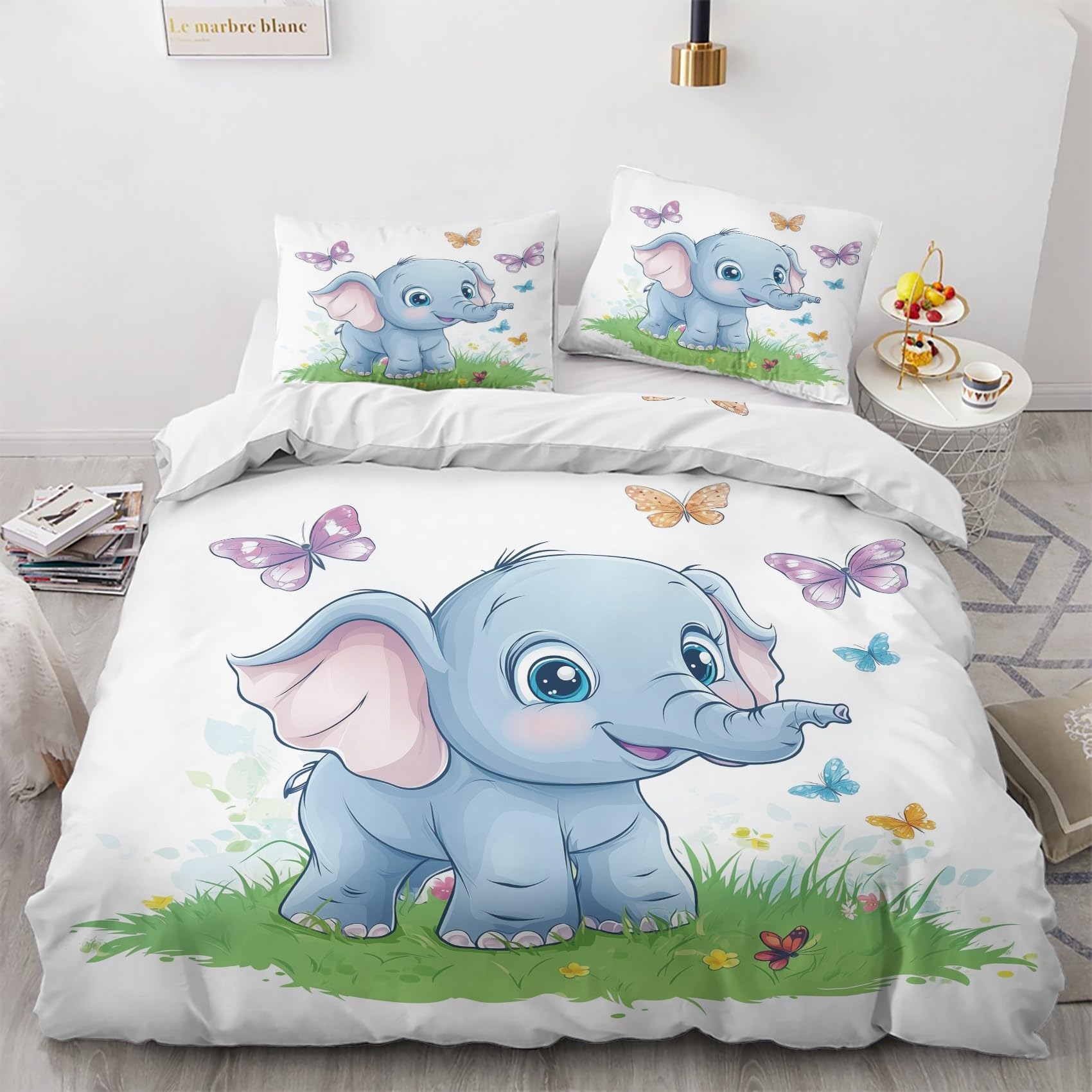 Poszwa na kołdrę 240 x 260 Baby Elephant - Dekoracja dla zwierząt, 2-osobowy zestaw pościeli dla niemowląt słonia, miękka pościel z mikrofibry z zamkiem błyskawicznym, 2 poszewki na poduszki