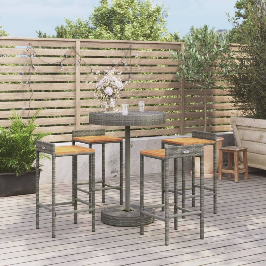 5 Piece Garden Bar Set, Grey Poly Rattan & Solid Acacia Wood, Outdoor Patio Furniture with 4 Bar Stools & Round Table for Deck, Backyard, Poolside, Weather-Resistant Design