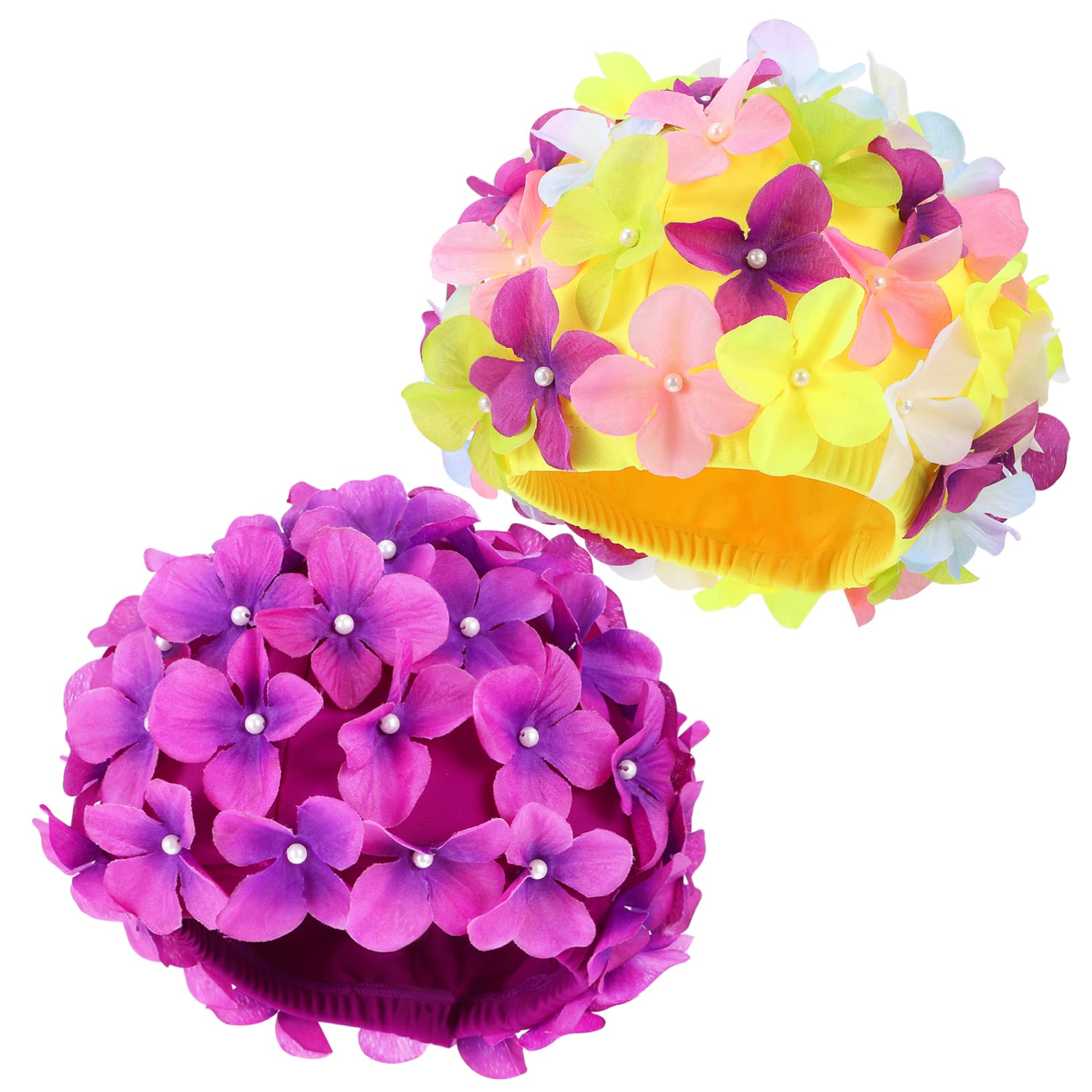 HEMOTON 2 Pezzi Cuffia da Nuoto Donna Floreale, Nylon Elasticizzato, Antiscivolo e Protettiva per Nuoto e Bagno
