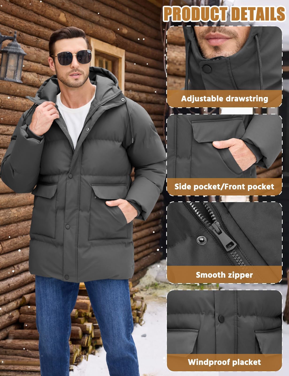 heekpek Giubbotto Invernale Uomo Cappotto con Cappuccio Idrorepellente Lungo Giacca Imbottito in cotone Giacconi Invernali Parka da Sci Snowboard Trekking