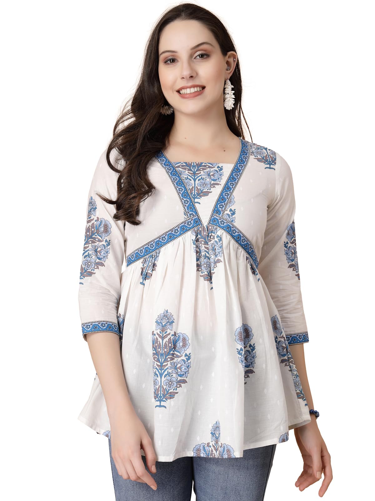 god bless White Colored Cotton Floral Printed Aliya Cut Peplum Tops-picture-49