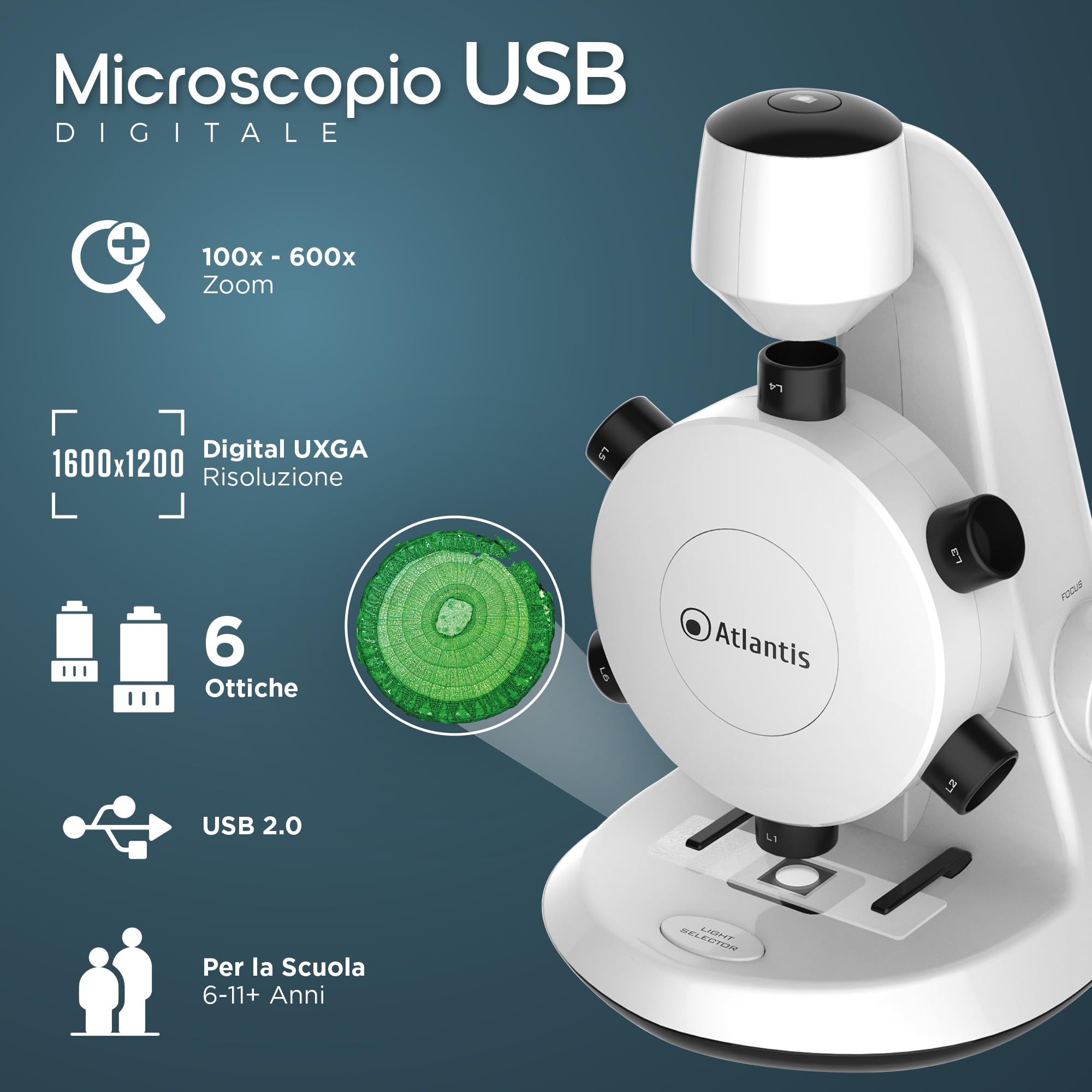 Microscopio Digitale USB Atlantis E45-MS737. Risoluzione UXGA 1600x1200. 6 ottiche di ingrandimento preimpostato da 100x a 600x. Messa a fuoco, Illuminazione superiore ed inferiore. PC, MAC e Android