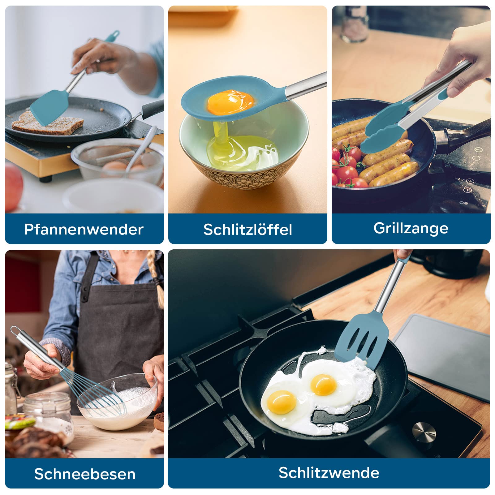 Homikit Zestaw przyborów kuchennych, 10 sztuk, silikonowe, nieprzywierające, odporne na wysokie temperatury, z uchwytem ze stali nierdzewnej, zdrowe, nadają się do mycia w zmywarce, kolor niebieski