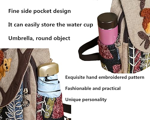 Vista 97 de HUANGGUOSHU Mujer de algodón tejido bohemio cáñamo Boho lona bordado múltiples bolsillos retro linda mochila cartera mochila mochila gato caprichoso