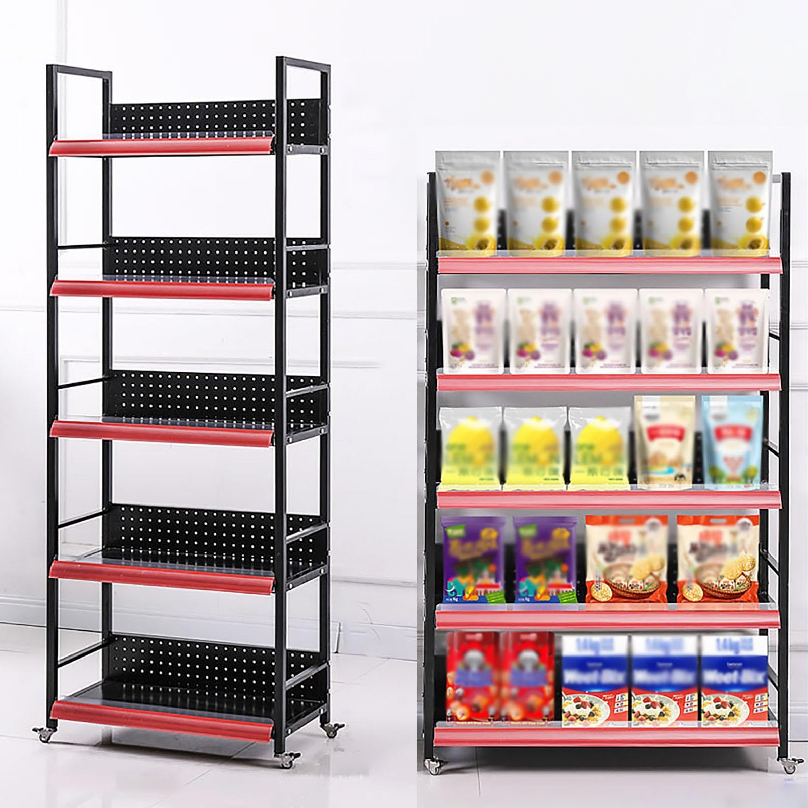 METTEOR Snack Storage Rack,Snack Organizer with 4 Hooks And 4 Wheels, Fruit Vegetable Basket for Store 3/4/5 Layer Stackable Steel Storage Baskets Organizer Cart, for Kitchen Pantry Bathro (Black 60