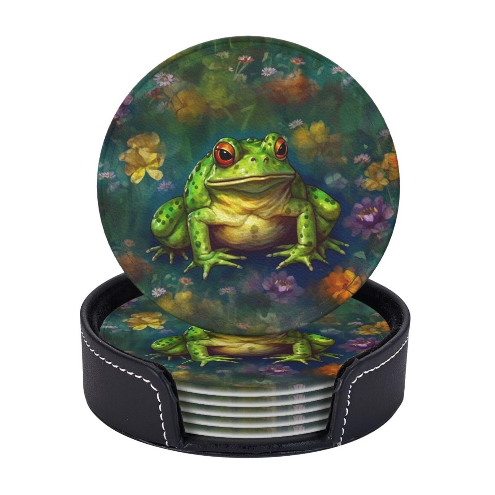 Drink Coasters Set of 6 Coffee Leather Coaster with Holder Frog Coasters for Drinks Coffee Cup Mat Heat Resistant Tabletop Protection Coaster Desk Accessorie Home Decorative
