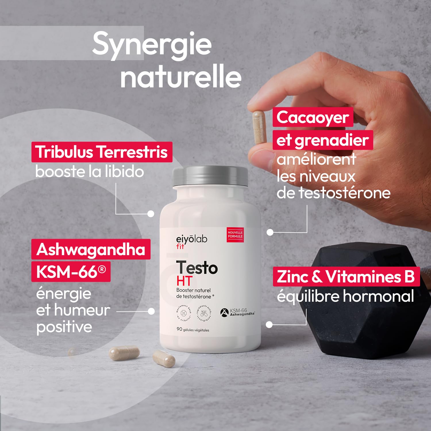 TESTO HT | Maca + Tribulus + Ashwagandha + Zinc | Dosage Élevé pour Efficacité Maximale | Stimulant Testostérone Naturel | Puissance et Endurance pour Hommes | 90 Gélules | Made in France | Eiyolab
