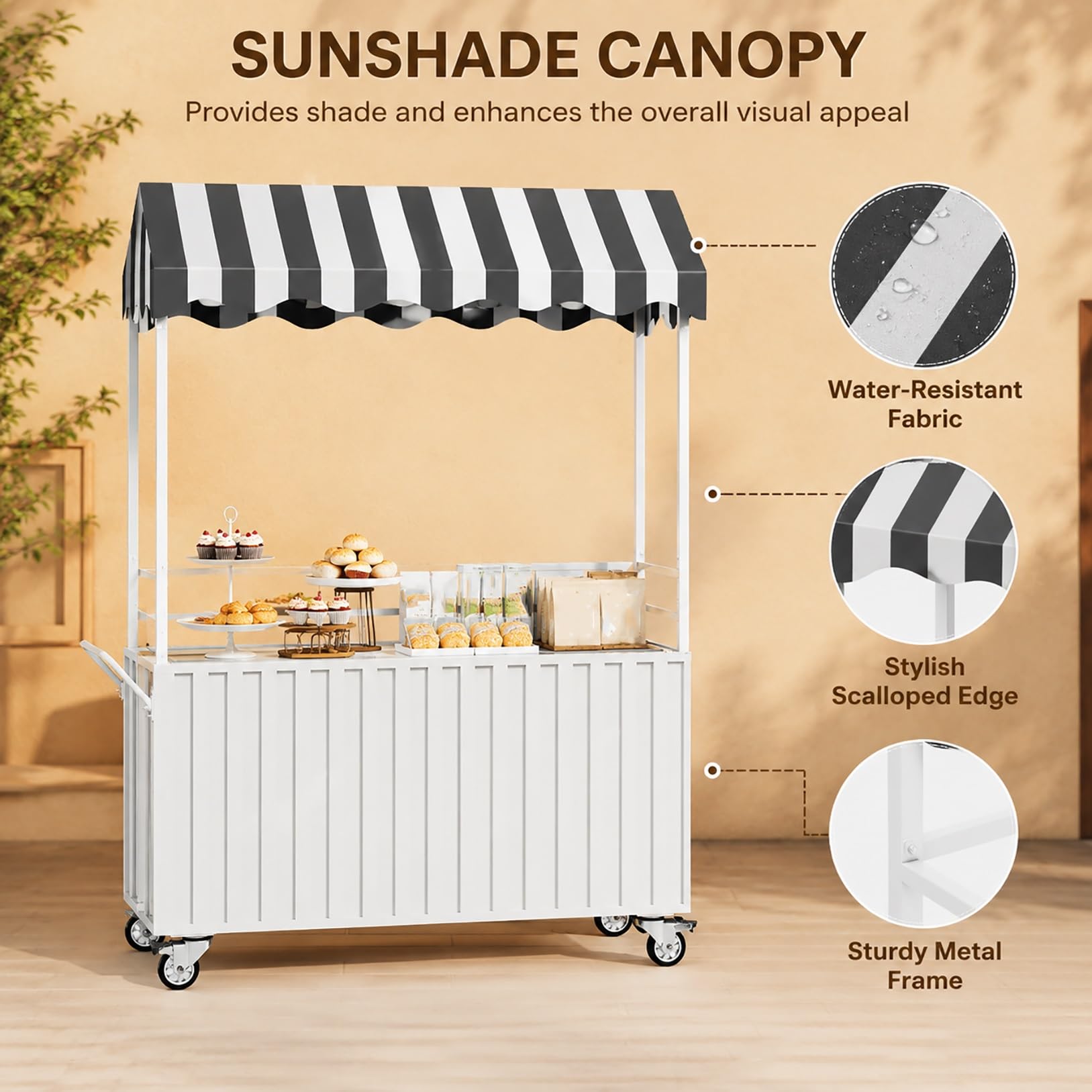 Carro de Venta Ambulante con toldo a Rayas, Expositor de Alimentos portátil con Ruedas con Freno, Carro Comercial para mercados y Eventos(Blauw,100cm/39.3in)