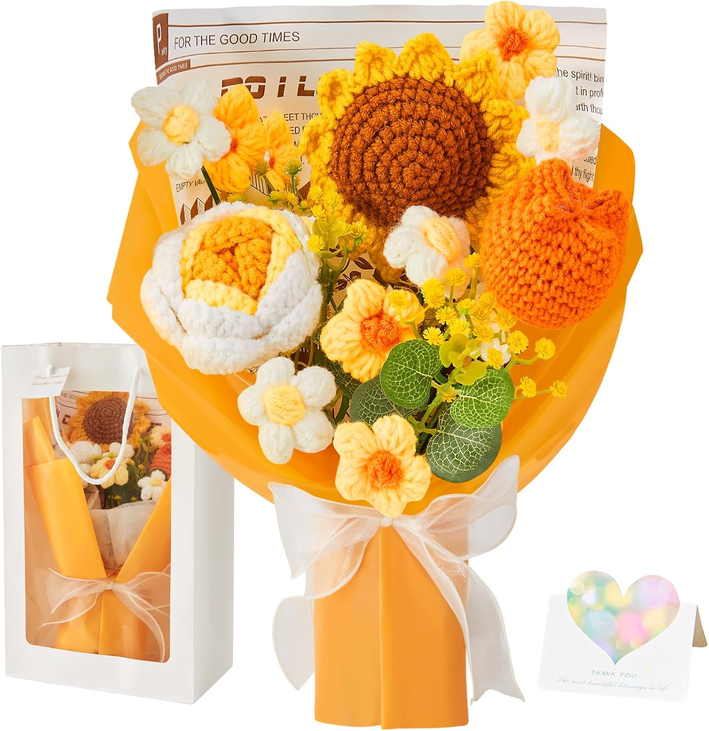 Crochet Flowers Sunflower Decor Gifts for Women Crochet Flower Bouquet Graduation Gifts Tulips Fake Forever Flower Table Decor for Home,Birthday Gift for Women Wife Friends Kids (Gift Card and Bag)