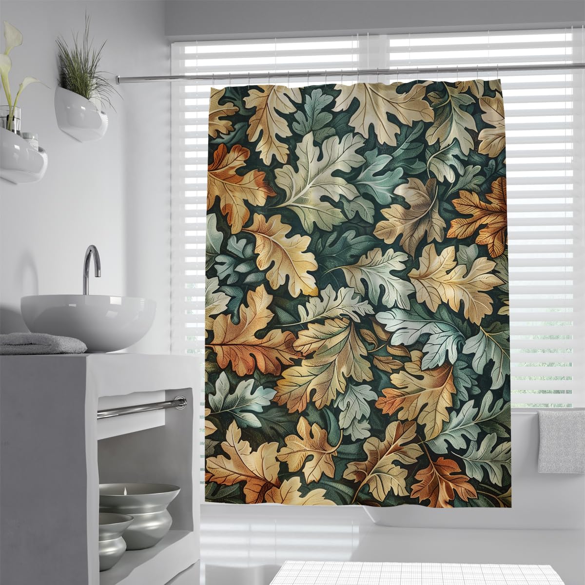 OLLIAR Home Rustic Retro Shower Curtain 90x180 Realistic Forest Oak Leaf Country Cabin Lodge Cottage Bathroom Curtains Waterproof Fabric Shower Curtain Set with Hooks